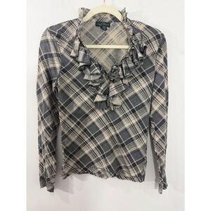 Lauren Ralph Lauren Jeans Co Grey Plaid Ruffle V-Neck Long Sleeve Top XS Cotton